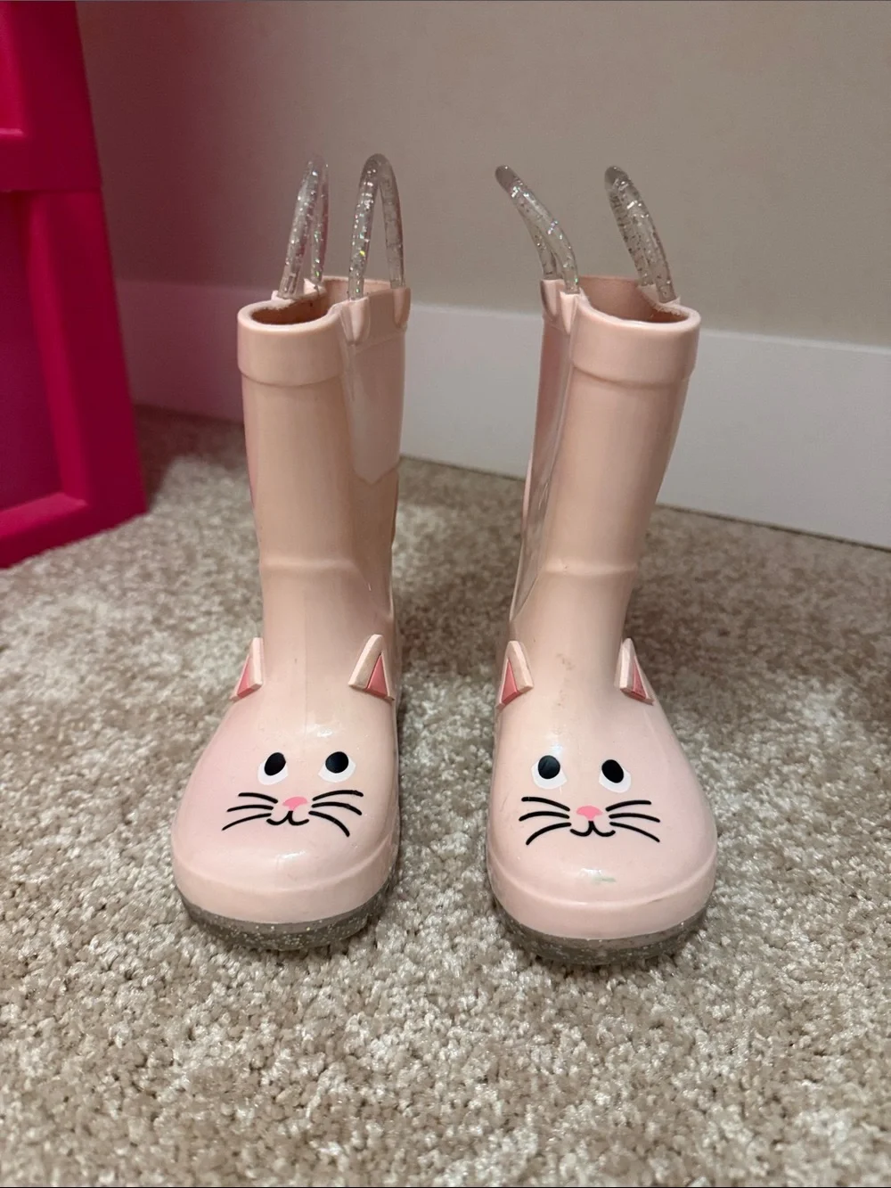 Old Navy Pink Cat Rain Boots with Glitter Pull Handles